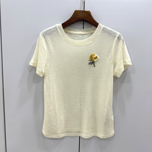 168973欧洲站2026春夏时尚圆领舒适弹力重工钉珠花朵显瘦短袖T恤