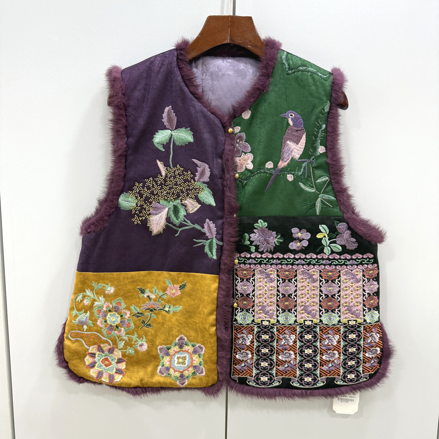 19329欧洲站2025冬串珠小鸟刺绣花水貂毛边拼色国风夹棉马甲外套