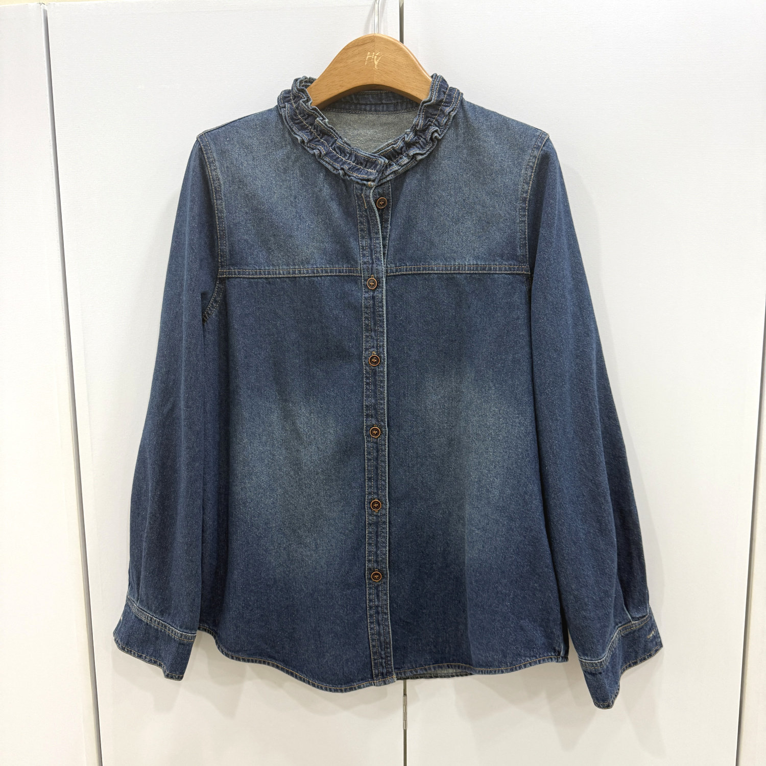 26629欧洲站2026春韩版时尚休闲宽松显瘦花边圆领单排扣牛仔衬衫