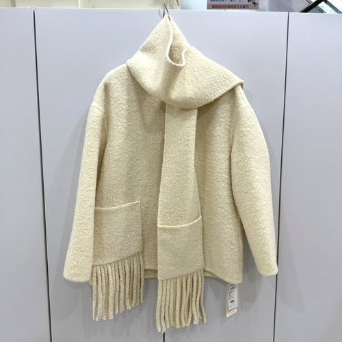 5080欧洲站2025秋冬时尚围巾式流苏圆领单排扣羊毛羊驼毛毛呢外套