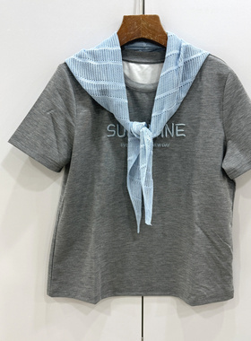 D6050欧洲站26春夏时尚圆领撞色针织披肩字母刺绣减龄短袖T恤上衣