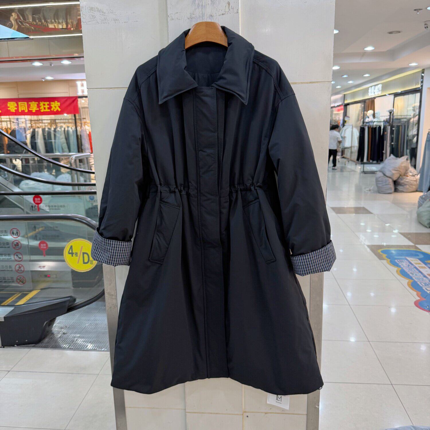 36732欧货翻领羽绒风衣女中长款抽绳收腰宽松显瘦90白鸭绒外套冬