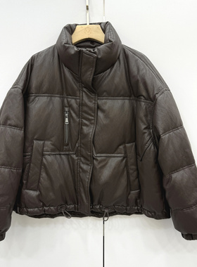 C雪儿25048 欧洲站2025冬新款时尚立领宽松百搭PU皮纯色羽绒服