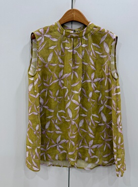 26801欧货夏时尚立领百搭宽松显瘦无袖苎麻减龄印花气质衬衫上衣