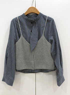 261039欧洲站2026春设计感飘带单排扣宽松显瘦衬衫+针织罩衫上衣