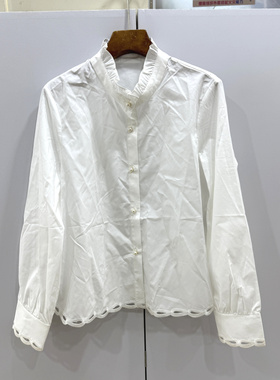 68763 欧洲站26春荷叶木耳边立领镂空刺绣花下摆珍珠单排扣衬衫