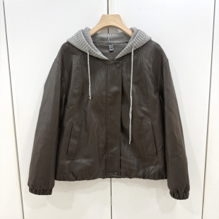 26A 撞色拼接针织连帽休闲宽松PU皮夹克外套女 09欧洲站2026春时尚