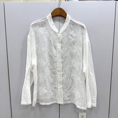 韵芭莎8052欧洲站2026春时尚立领重工刺绣花微透100苎麻衬衫上衣