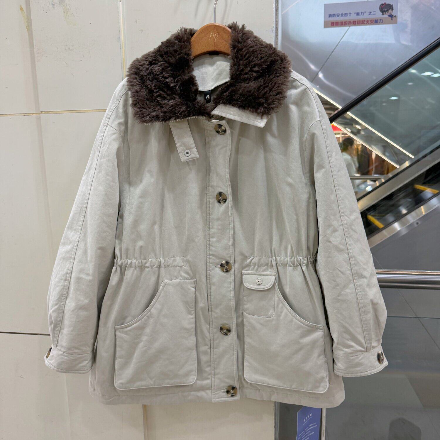 80102欧货毛领派克服女中长款抽绳收腰90鹅绒羽绒服外套冬季保暖