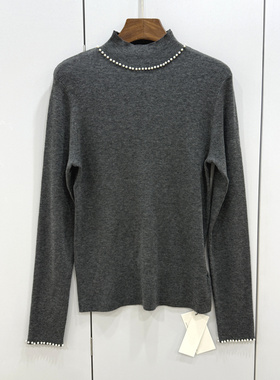 286-25161 欧洲站2025冬袖口领口订珍珠半高领弹力显瘦羊毛针织衫