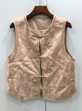 68769欧洲站26春重工钉珠蝴蝶刺绣三粒盘扣圆领人丝苎麻国风马甲