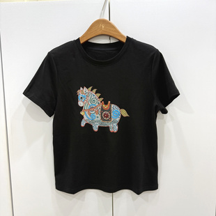 HY796欧洲站2026春夏时尚 T恤女 圆领显身材重工钉珠小马花百搭短袖