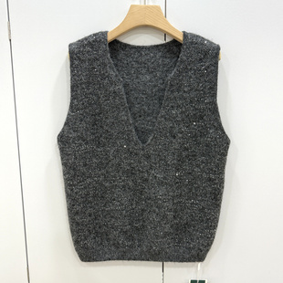 9921欧洲站2025秋时尚 羊毛针织马甲百搭叠穿背心上衣 V领亮片无袖