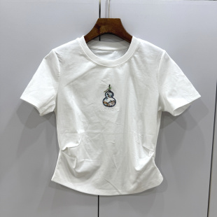 T恤 显瘦百搭腰间褶皱字母葫芦刺绣短袖 D6060欧货2026春夏时尚 修身