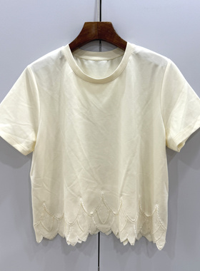 68821欧洲站2026春夏时尚圆领重工串珠刺绣花下摆休闲减龄短袖T恤