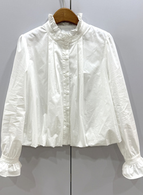 AA 213503欧洲站2026春时尚木耳边立领单排扣短款锦棉衬衫上衣女