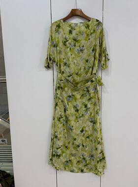 L68985欧洲站26夏围裙式系带腰复古花色假两件圆领中长短袖连衣裙