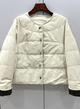 PRFV0867欧洲站25冬复古提花袖口珍珠单排按扣轻奢羊皮鹅绒羽绒服