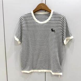 圆领细条纹透气天丝棉小马图案针织短袖 上衣 903欧洲站春时尚 327