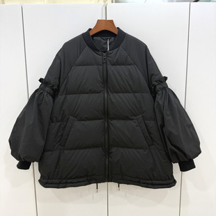 5202 下摆抽绳棒球领宽松A字羽绒服 欧洲站2025冬木耳花边灯笼袖