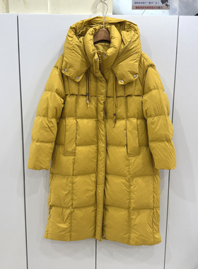 25812欧洲站2025冬款时尚连帽中长款过膝白鸭绒显瘦羽绒服外套女