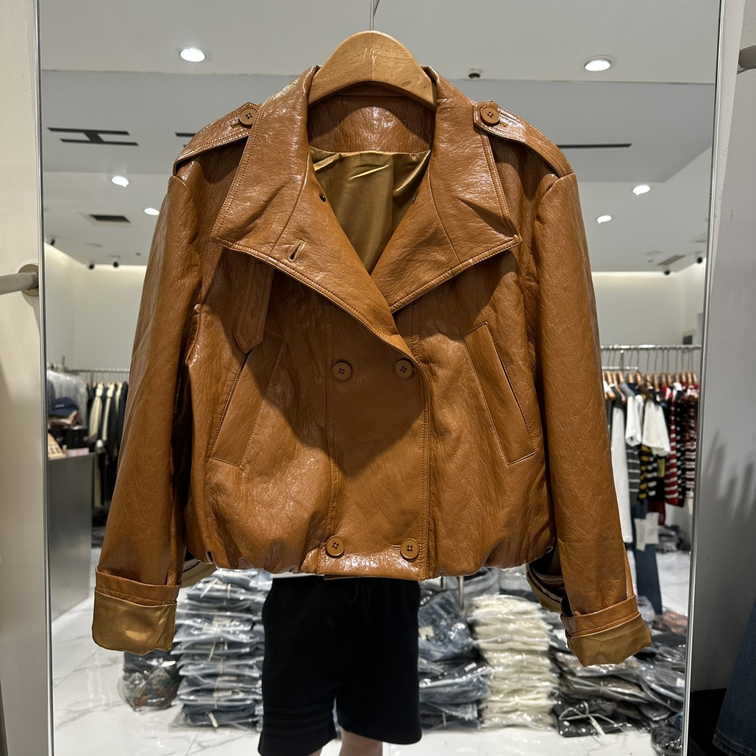 C25081欧洲站2025秋时尚双排扣休闲短款小个PU皮衣百搭显瘦外套女