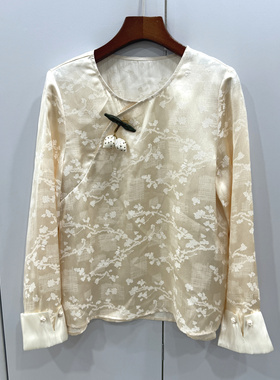 26685欧洲站26斜门禁流苏挂件圆领盘扣袖口提花真丝国风衬衣小衫