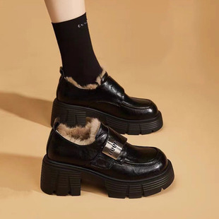 时尚复古英伦厚底保暖棉鞋女款冬季加绒乐福鞋爆款增高通勤皮鞋