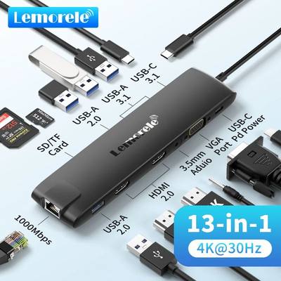 Lemorele TC96 USB Hub USB 3.1 Dock Station USBC to Dual HDMI