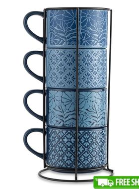 4 Pack Stackable Mugs Floral Geometric Patterns Stoneware Di