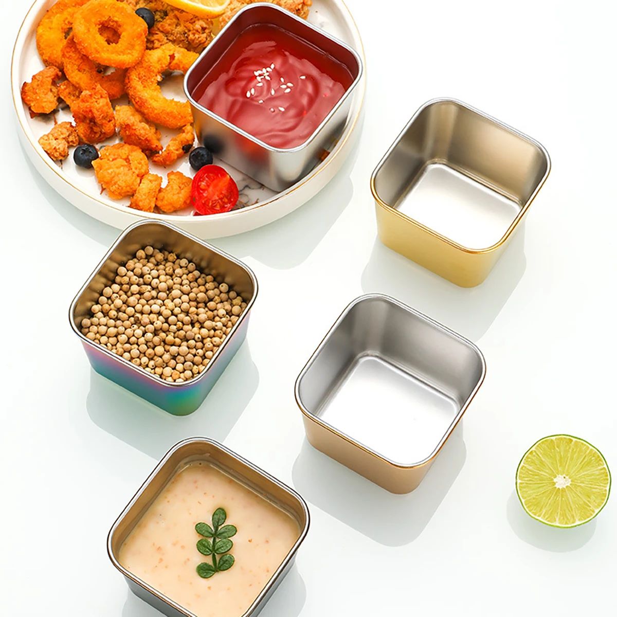 2pcs/set Square 304 Stainless Steel Sauce Cup Household Sala