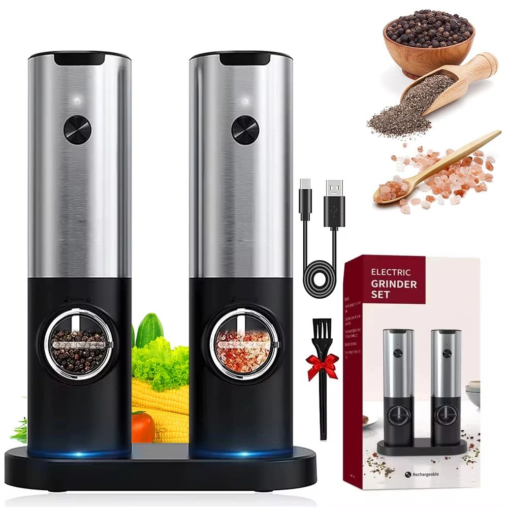 Electric Salt and Pepper Grinder Set With Led Light USB Rech