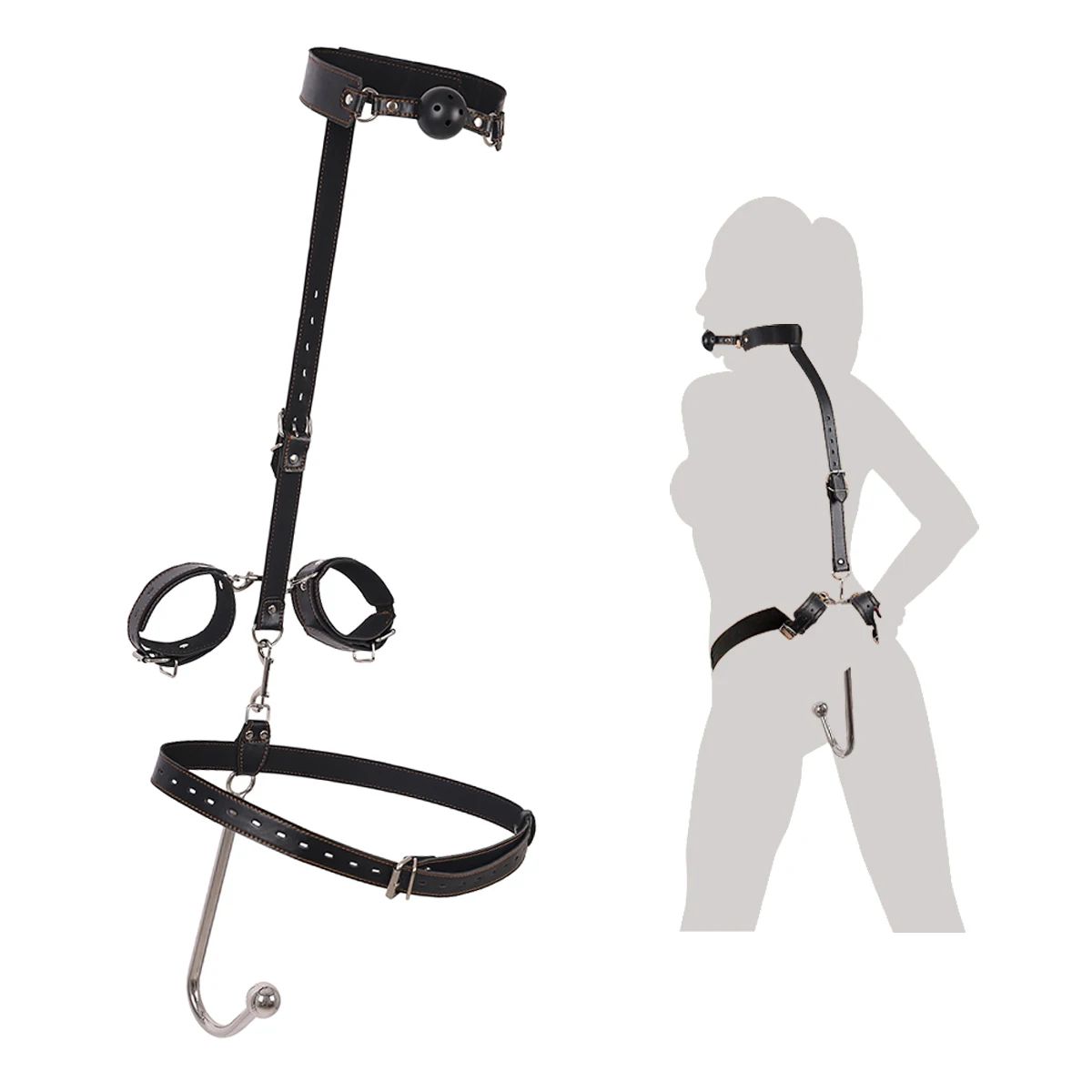 BDSM anal hook leather set, sex assist position, metal hook