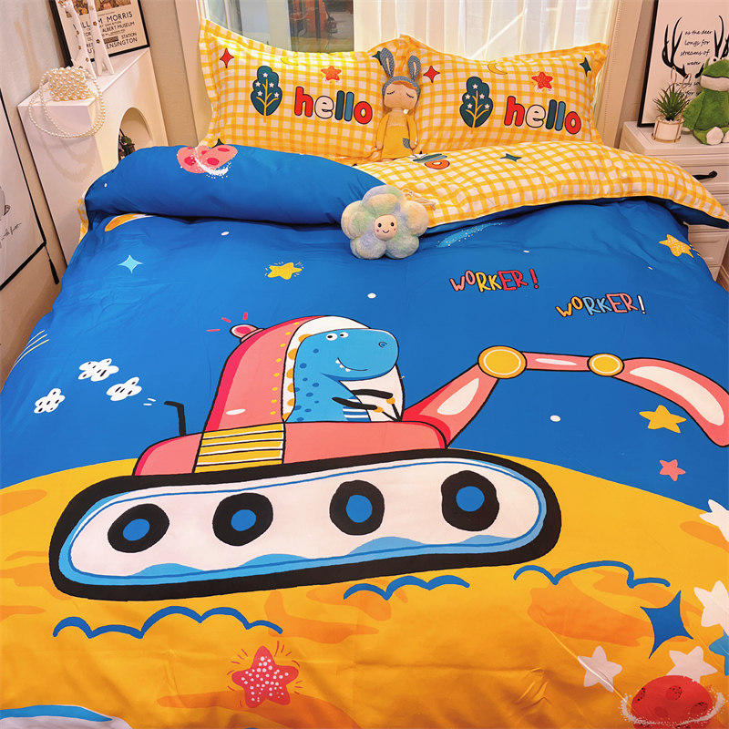 蓝色太空恐龙卡通可爱三四件套纯棉床单被套男孩全棉儿童挖掘机