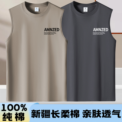 100%纯棉宽肩背心男夏季宽松坎肩跨栏无袖健身运动短t恤打底汗衫