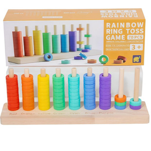 Wooden Color Sorting Stacking Toy Rainbow Rings Game Toddler