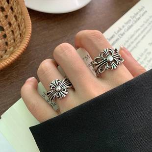 潮牌S925纯十字架指环男士单身食指戒指个性泰银复古胖手戒指