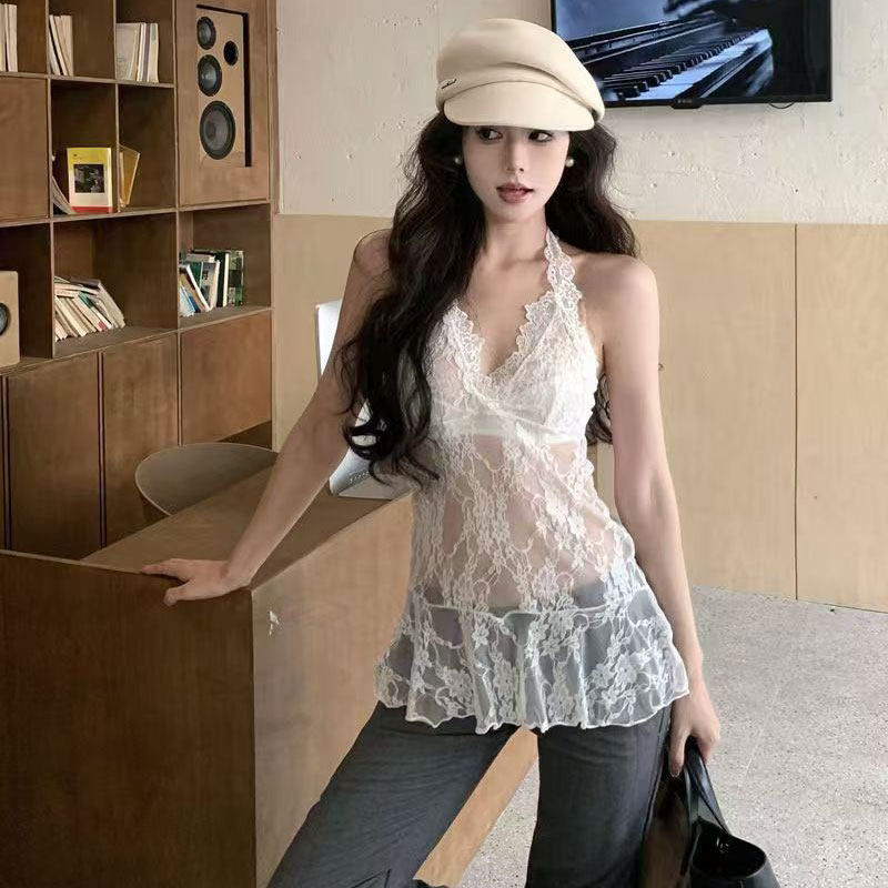 挂脖吊带背心女长款蕾丝性感蝴蝶