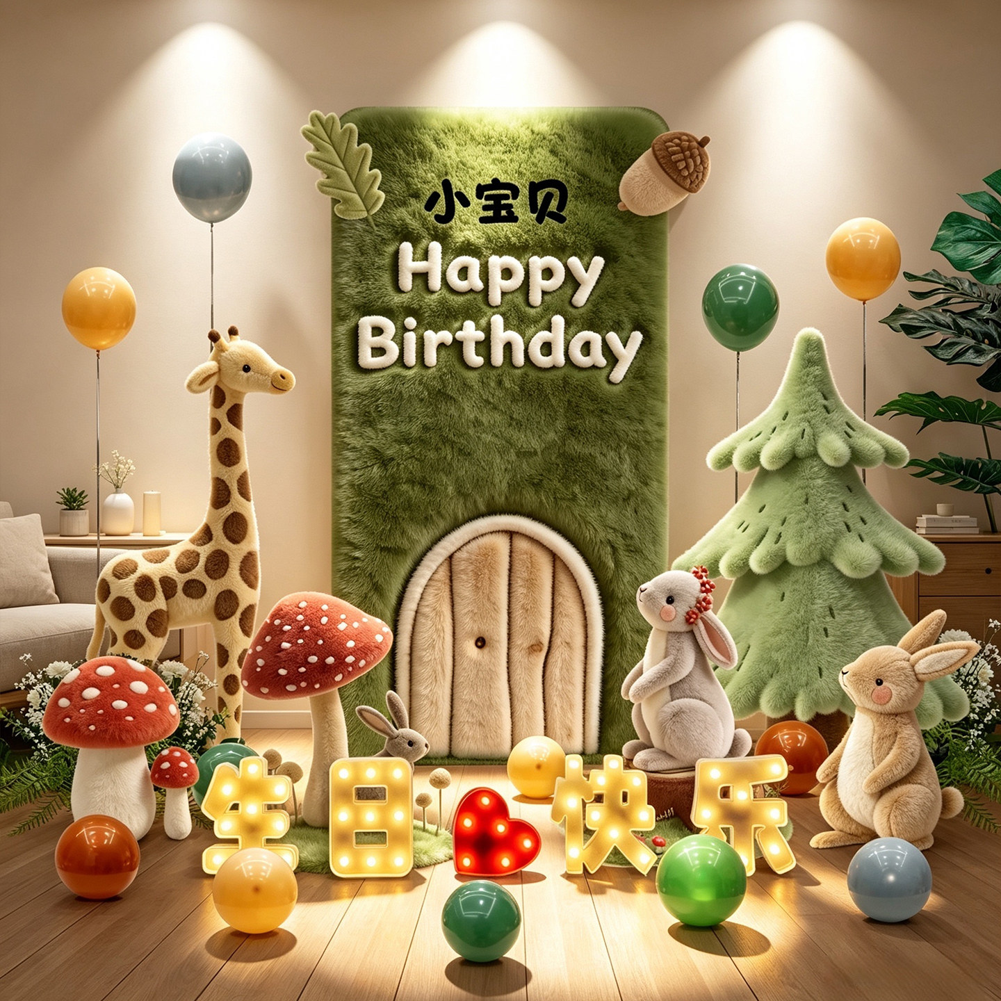 森系宝宝周岁生日场景布置装饰满月酒百天宴男女手绘动物kt板定制