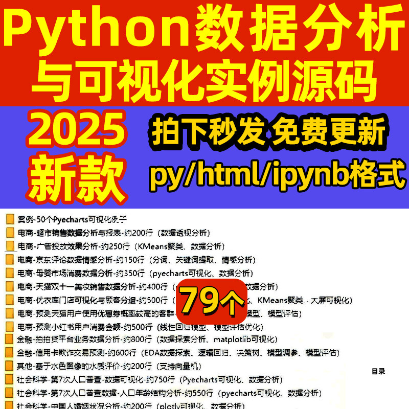 .79套Python数据分析可视化预测项目实例源码代码实战案例带数据