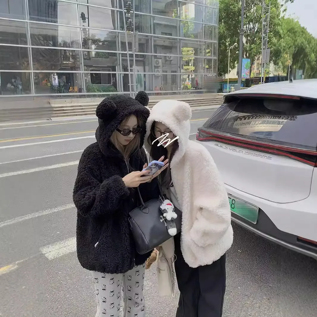 跨境日系可爱风连帽小熊毛毛外套女冬季新款仿羊羔毛加厚宽松长袖