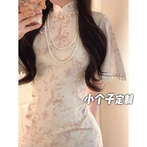 中长款矮个子高端小素雅提花连衣裙旗袍女民国风新中式改良150夏