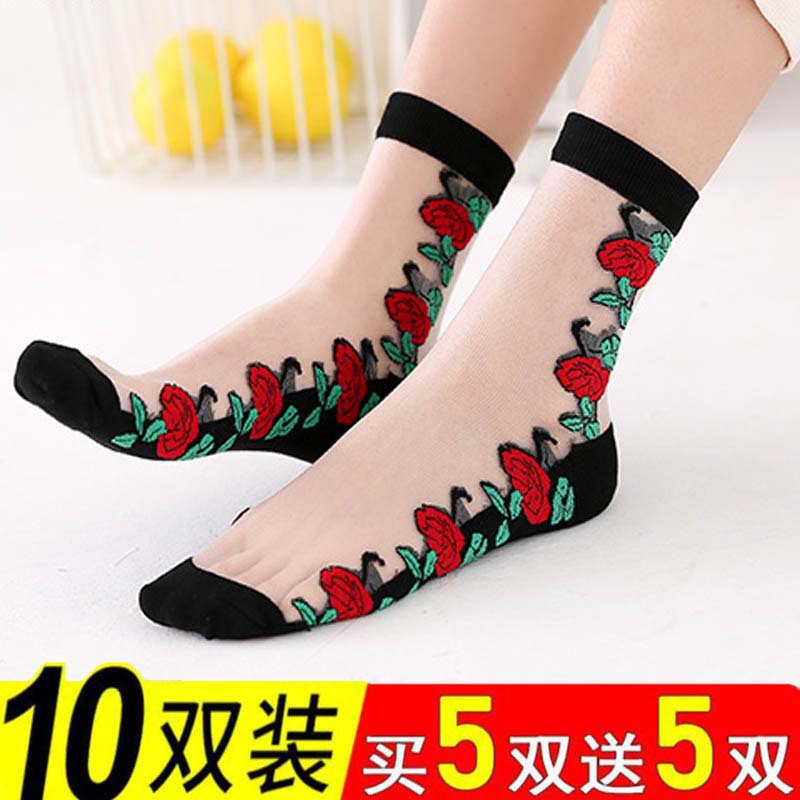 女士春夏款中筒袜春季玻璃丝薄款防勾丝绣花水晶丝袜日系防滑女袜