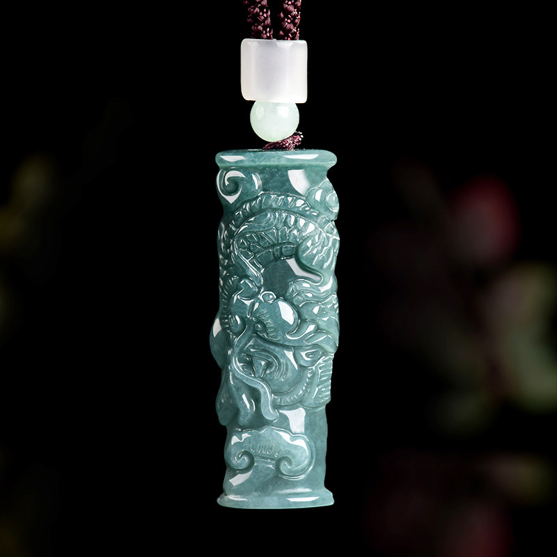 正品天然a货翡翠蓝水立体龙柱生肖龙玉柱吊坠冰种玉石男女款挂件