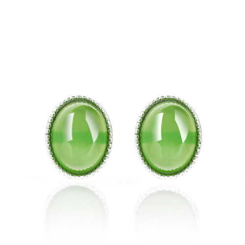 正品菠菜绿天然老料和田玉碧玉蛋面耳钉女款S925银镶玉石简约耳坠