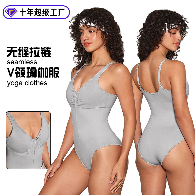 拉链连体衫露背连体裤胸部抽皱连衫裤小V领灰色瑜伽服吸湿排汗