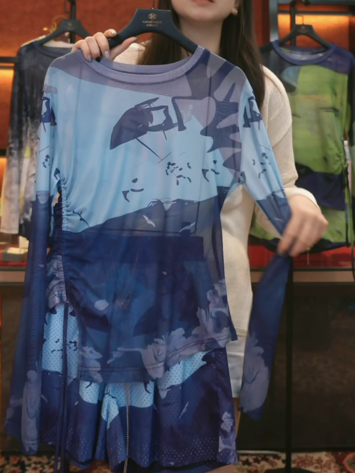 欧货冰爽晕染休闲套装女2024新款抽绳长袖上衣短裤防晒遮肉两件套