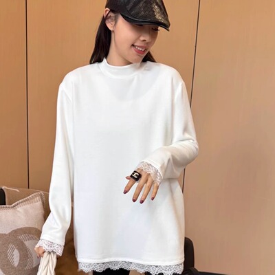 二姐德绒蕾丝边长袖T恤女2024秋冬新款慵懒内搭宽松中长款上衣潮