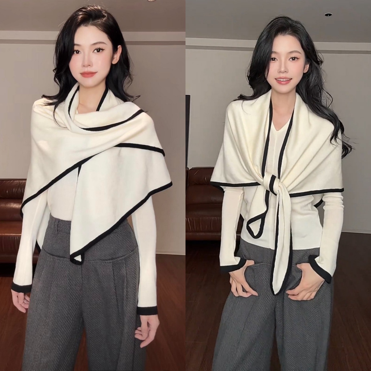 2025早秋新款真两件三角披肩设计长袖针织衫女气质千金小香风上衣