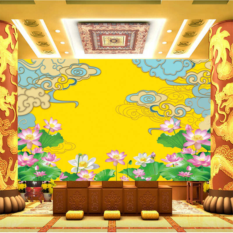 佛道仙堂莲花祥云壁画祥云缎带式养生理疗馆寺庙佛堂禅房背景墙纸